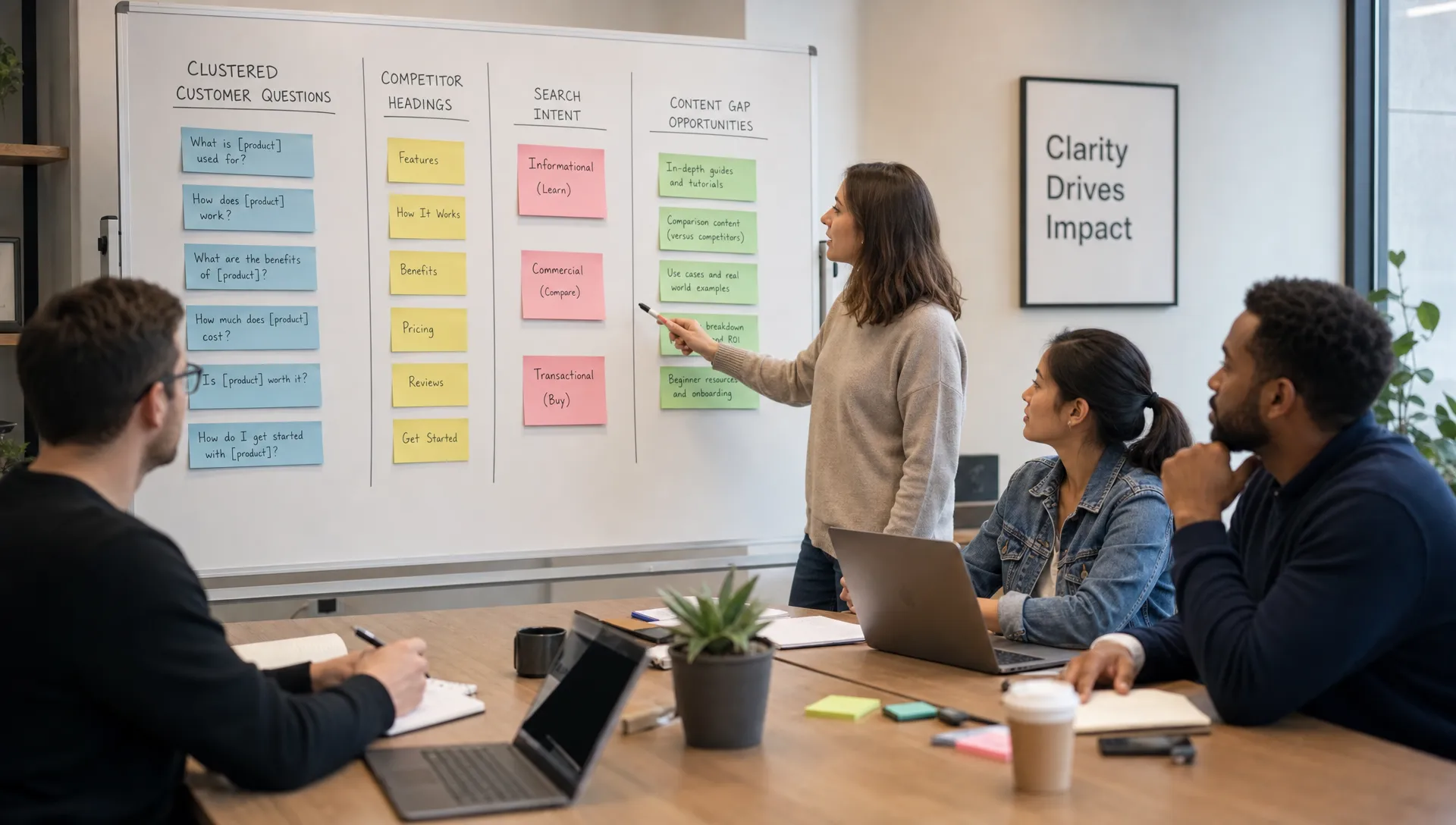 A marketing team reviews clustered customer questions, competitor headings, and search intent notes while planning content gap opportunities.