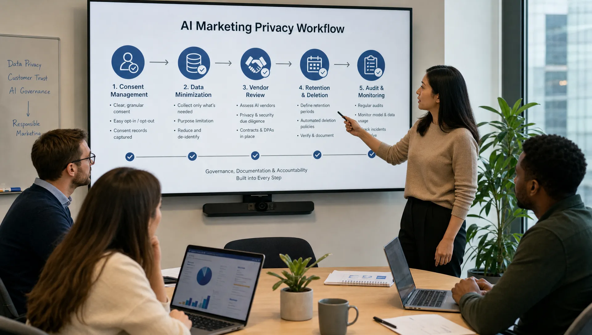 A marketing operations team reviews an AI marketing privacy workflow with consent, data minimization, vendor review, retention and audit checkpoints.