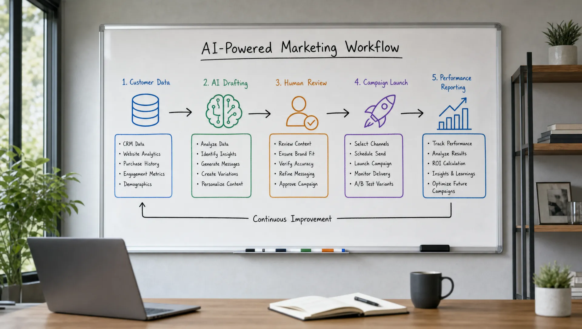 A marketing workflow board shows customer data, AI drafting, human review, campaign launch, and performance reporting on a workspace.