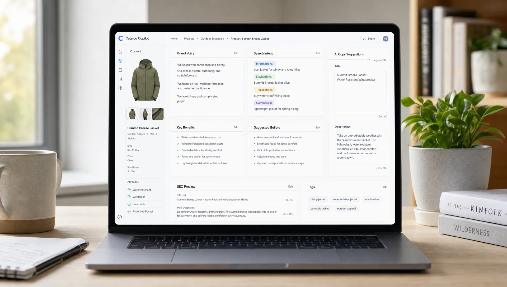 A clean ecommerce catalog workspace shows product cards, brand voice notes, search intent labels, and AI copy suggestions organized for review.
