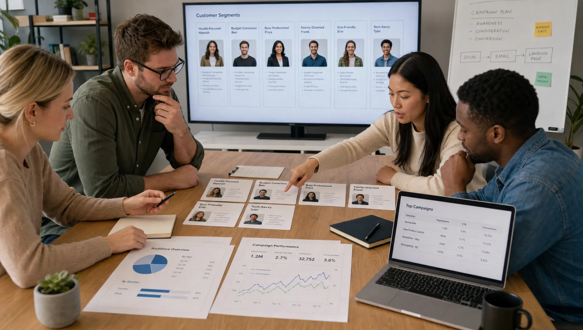 A marketing team reviews customer segment cards, audience data, and campaign results on a shared workspace.