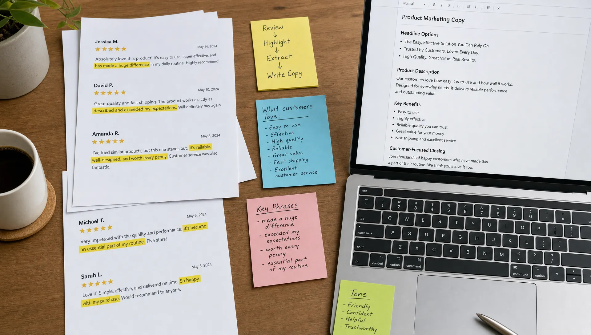 Printed customer reviews, highlighted phrases, and sticky notes show a review-to-copy workflow on a desk beside a laptop.