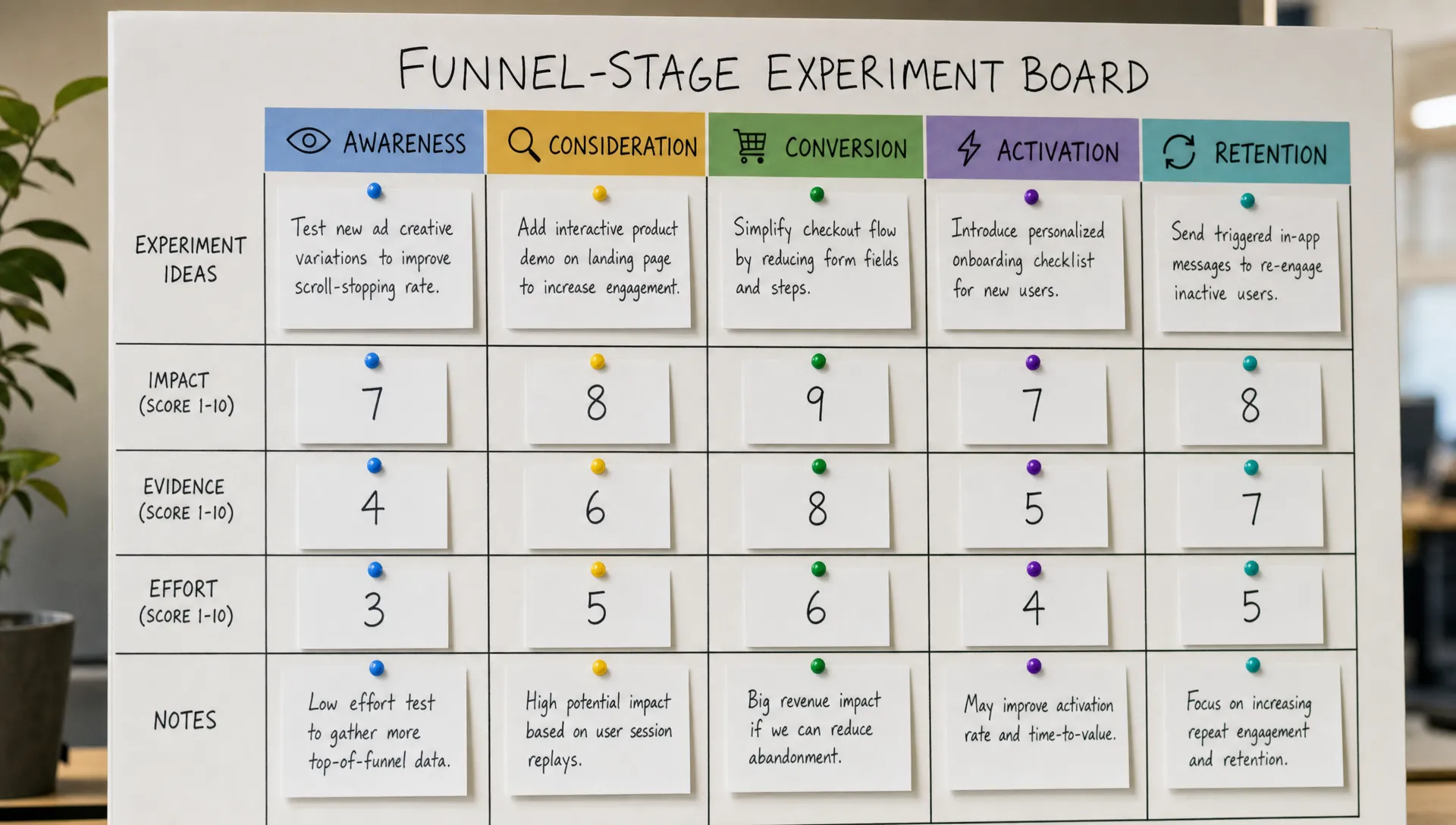 A funnel-stage experiment board groups cards for awareness, consideration, conversion, activation, and retention, with score labels for impact, evidence, and effort.