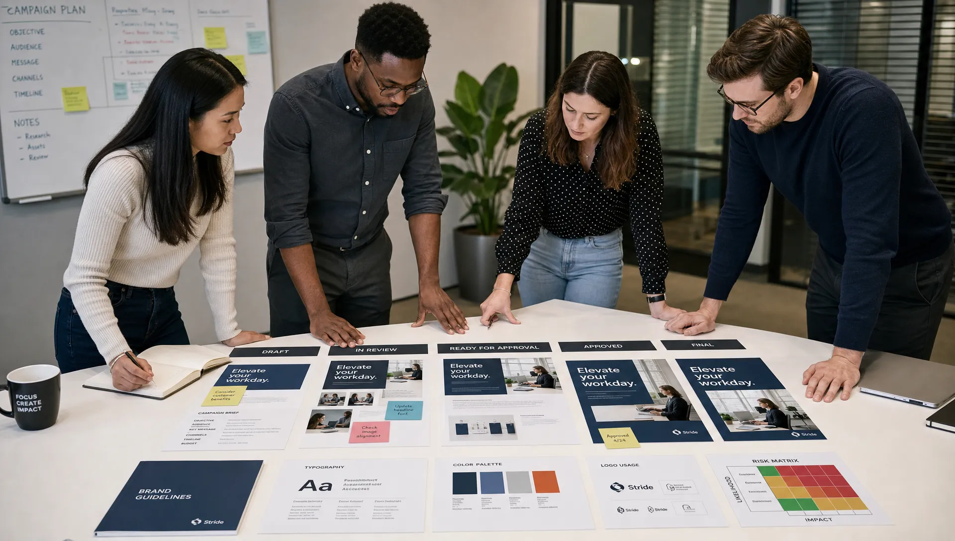 A marketing team reviews campaign materials on a table with brand guidelines, approval cards, content drafts and a risk matrix arranged from draft to final approval.