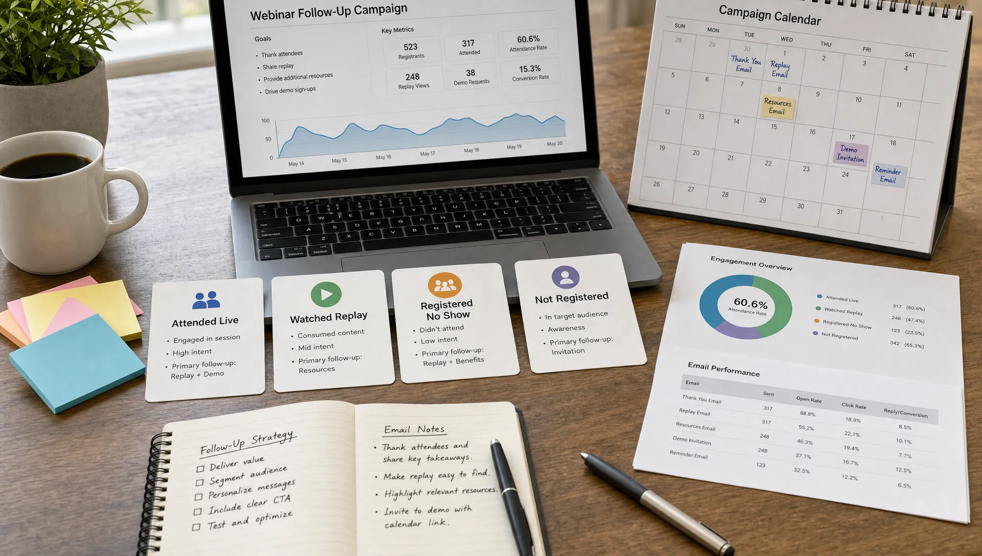 A webinar planning table holds segment cards, draft emails, a campaign calendar, and analytics charts for follow-up planning.