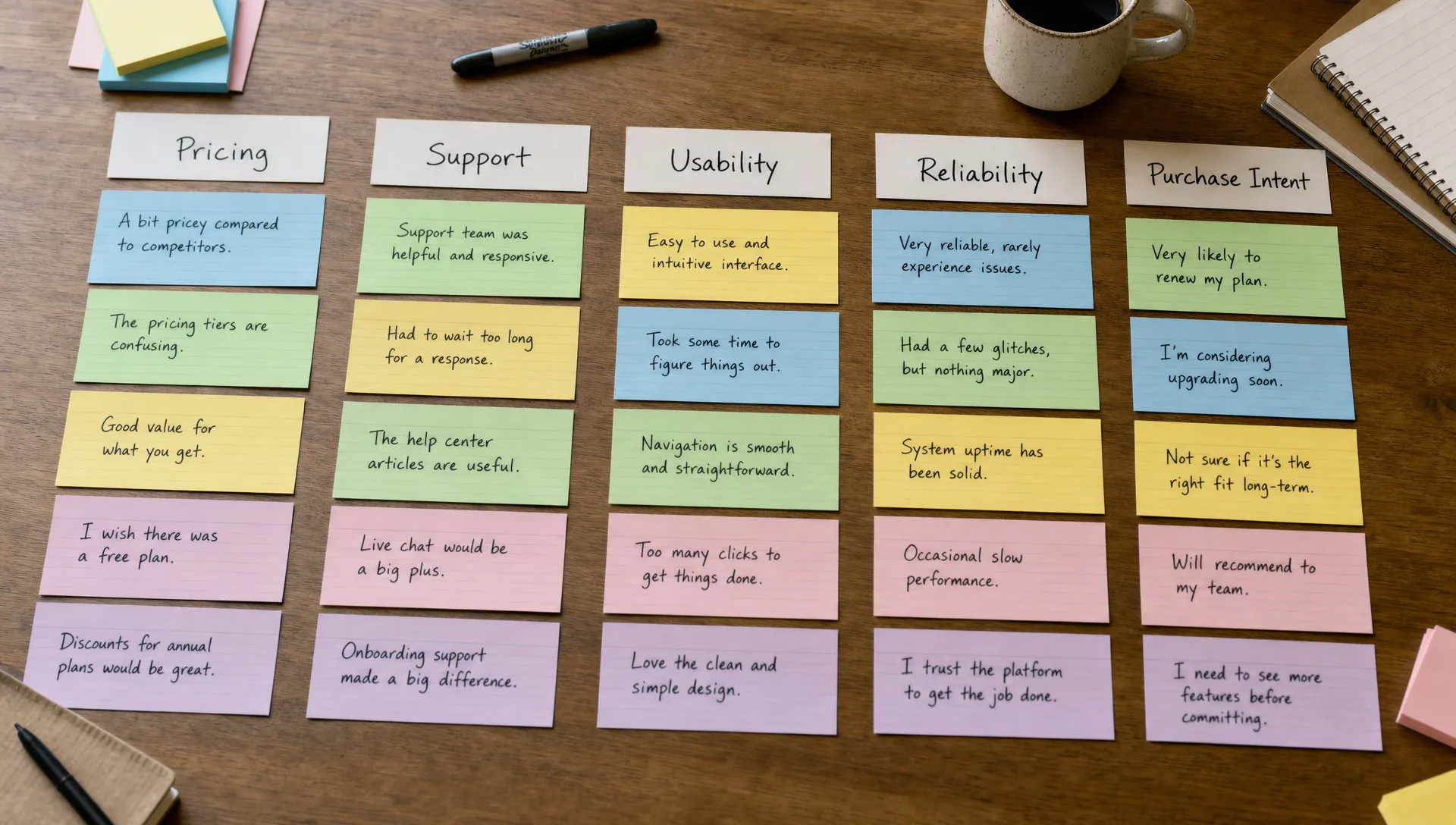 A tabletop is covered with customer feedback cards grouped into themes such as pricing, support, usability, reliability, and purchase intent.