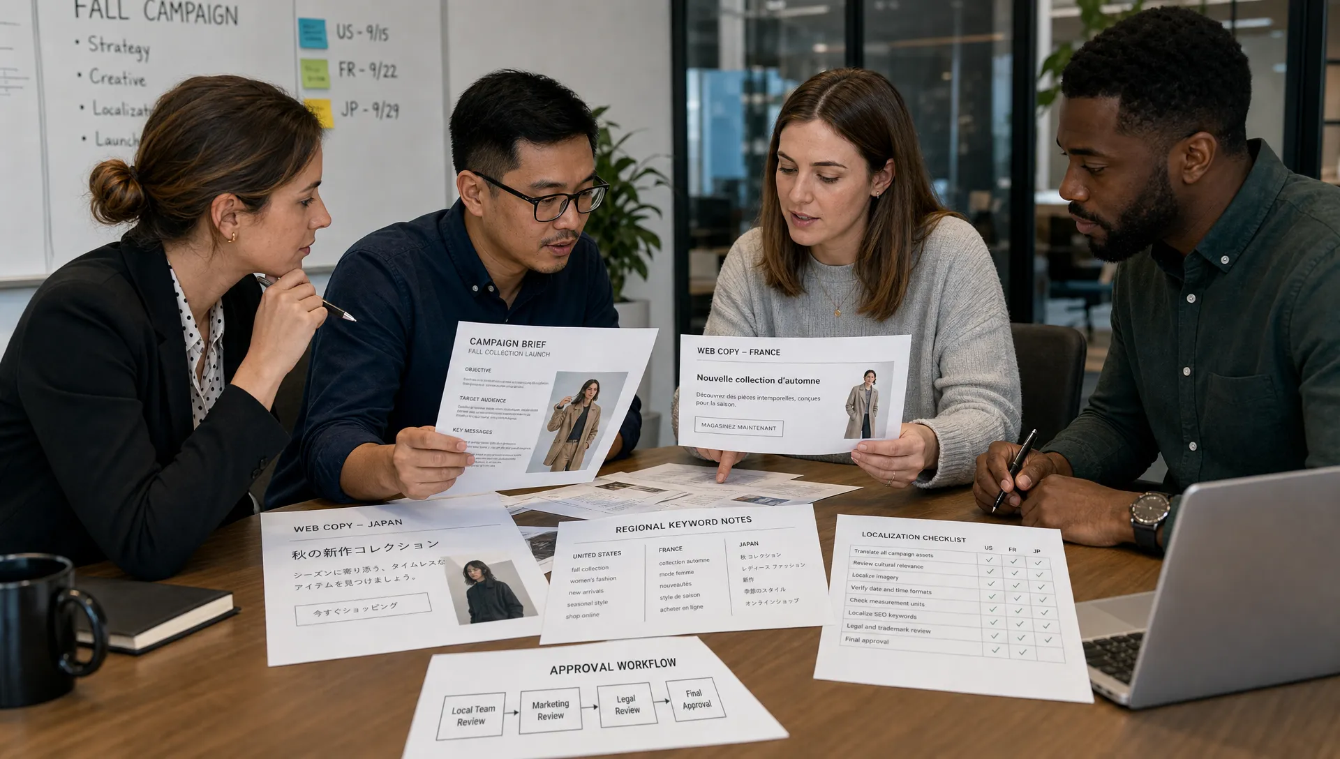 A marketing team reviews printed localized campaign briefs, translated web copy, regional keyword notes, and approval checklists on a conference table.