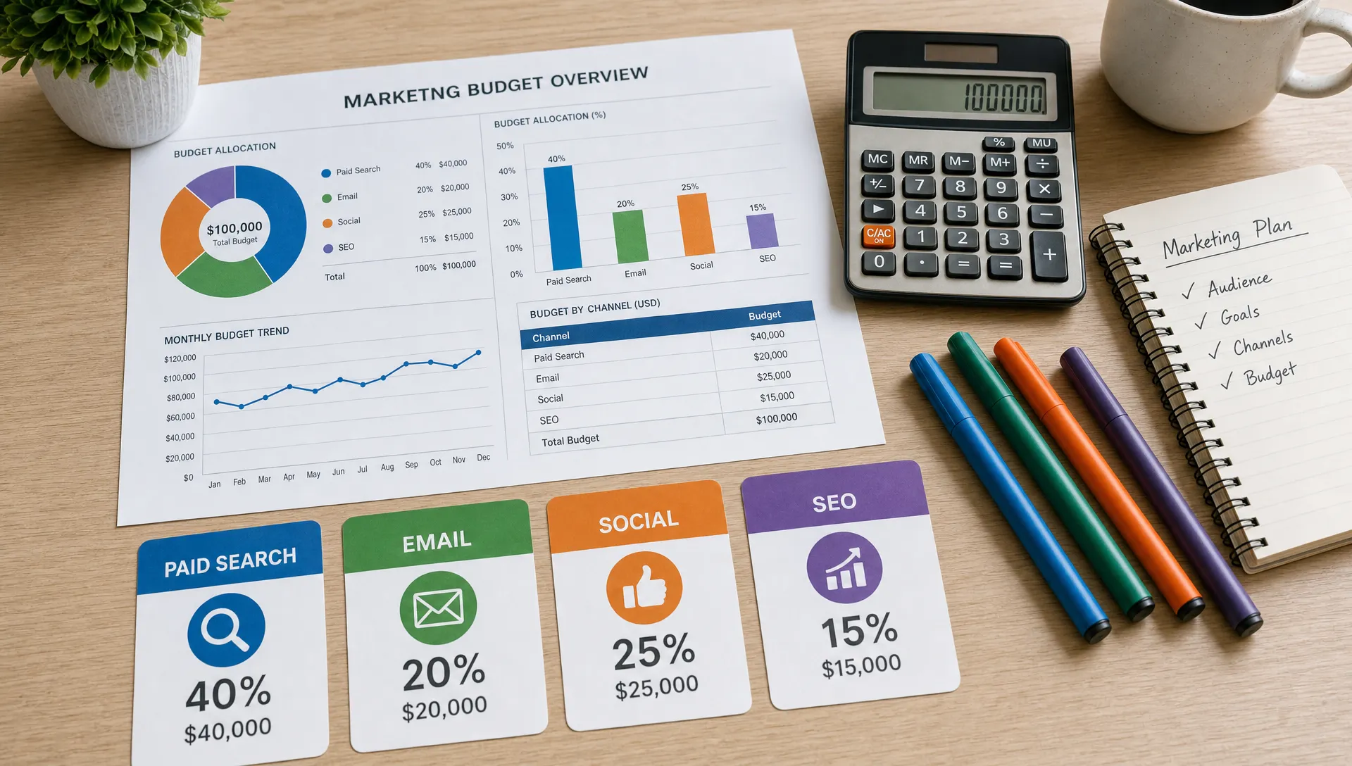 A clean desk with printed marketing budget charts, channel cards labeled paid search, email, social and SEO, colored markers and a calculator showing spend allocation.
