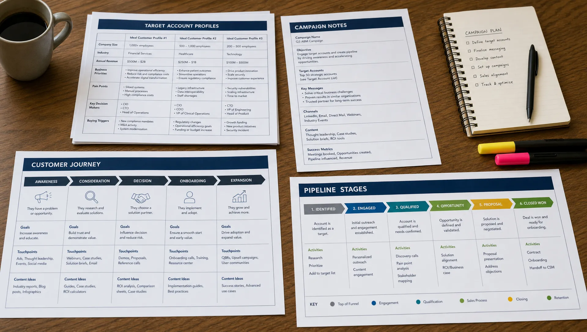 Printed target account profiles, campaign notes, customer journey cards, and highlighted pipeline stages are arranged on a table for account-based marketing planning.