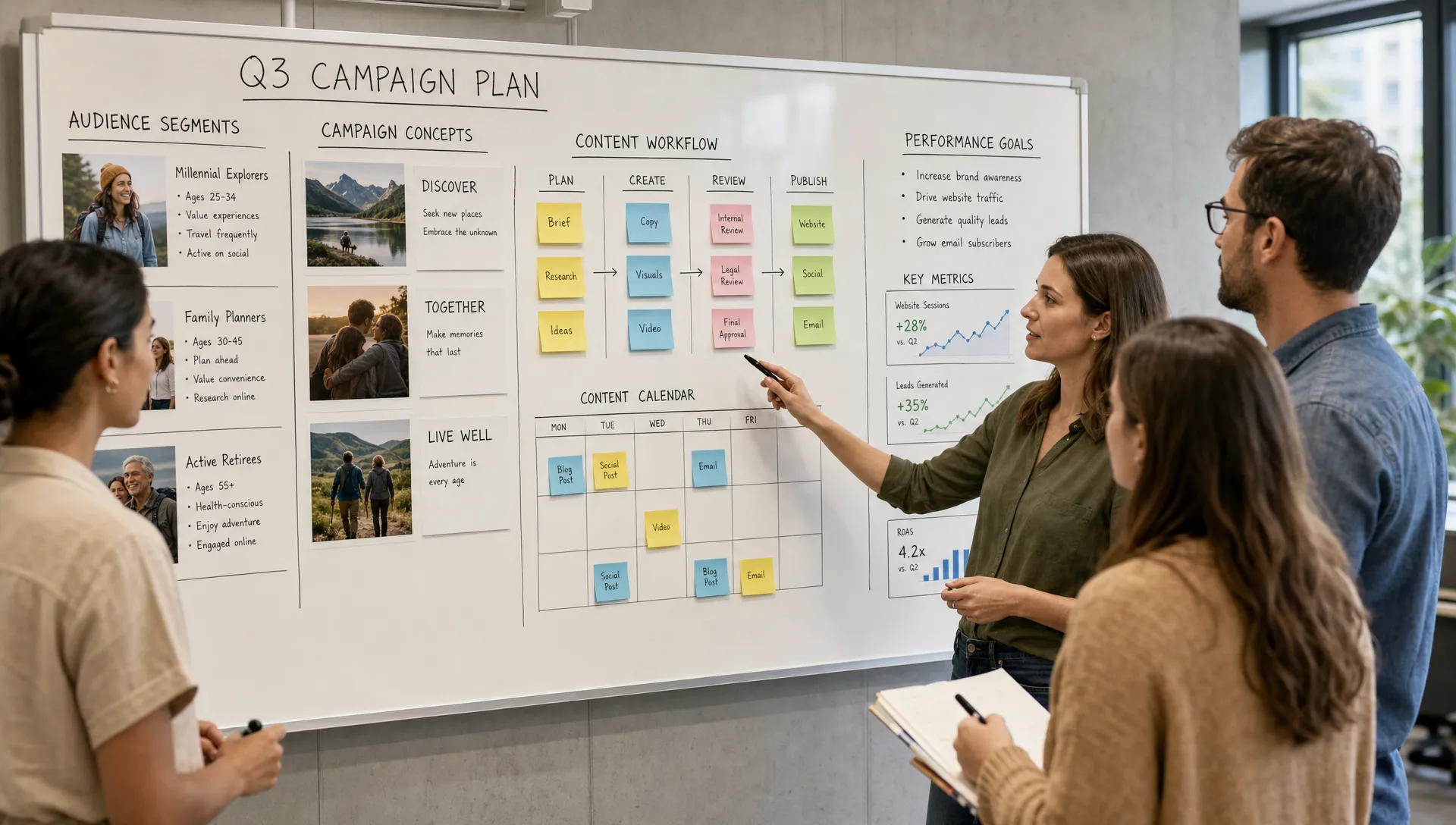 A team reviews a campaign planning board with audience segments, ad concepts, content workflows, and performance metrics.