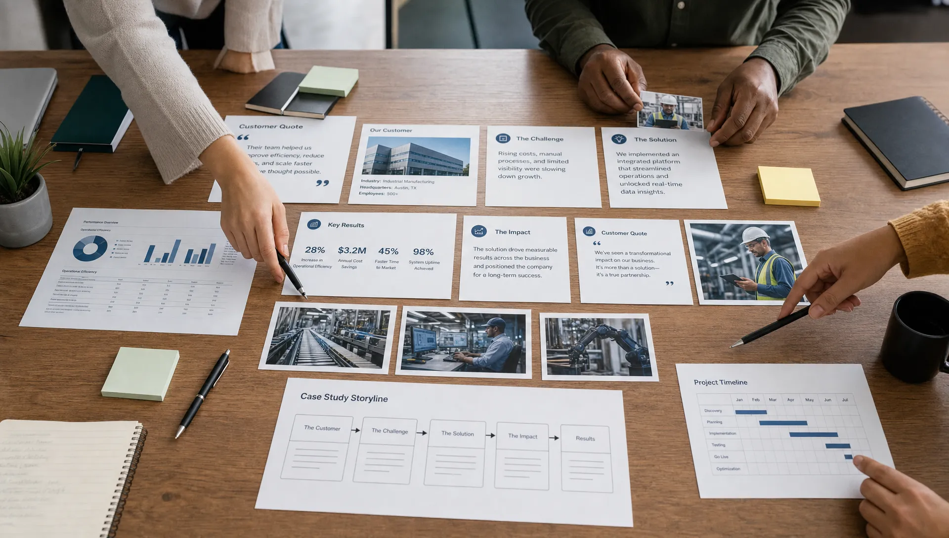 A marketing team arranges customer quotes, performance metrics, and storyline cards on a table to plan a case study.