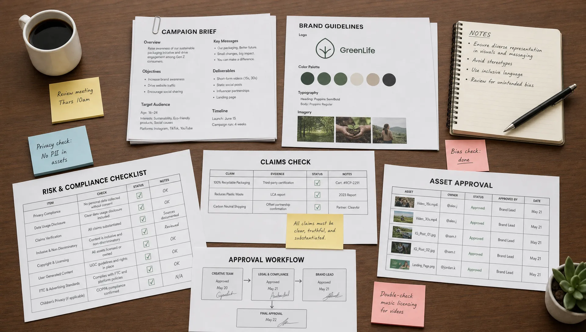 A review table is covered with campaign briefs, brand guideline sheets, risk checklists, approval cards, and notes for privacy, claims, and bias checks.