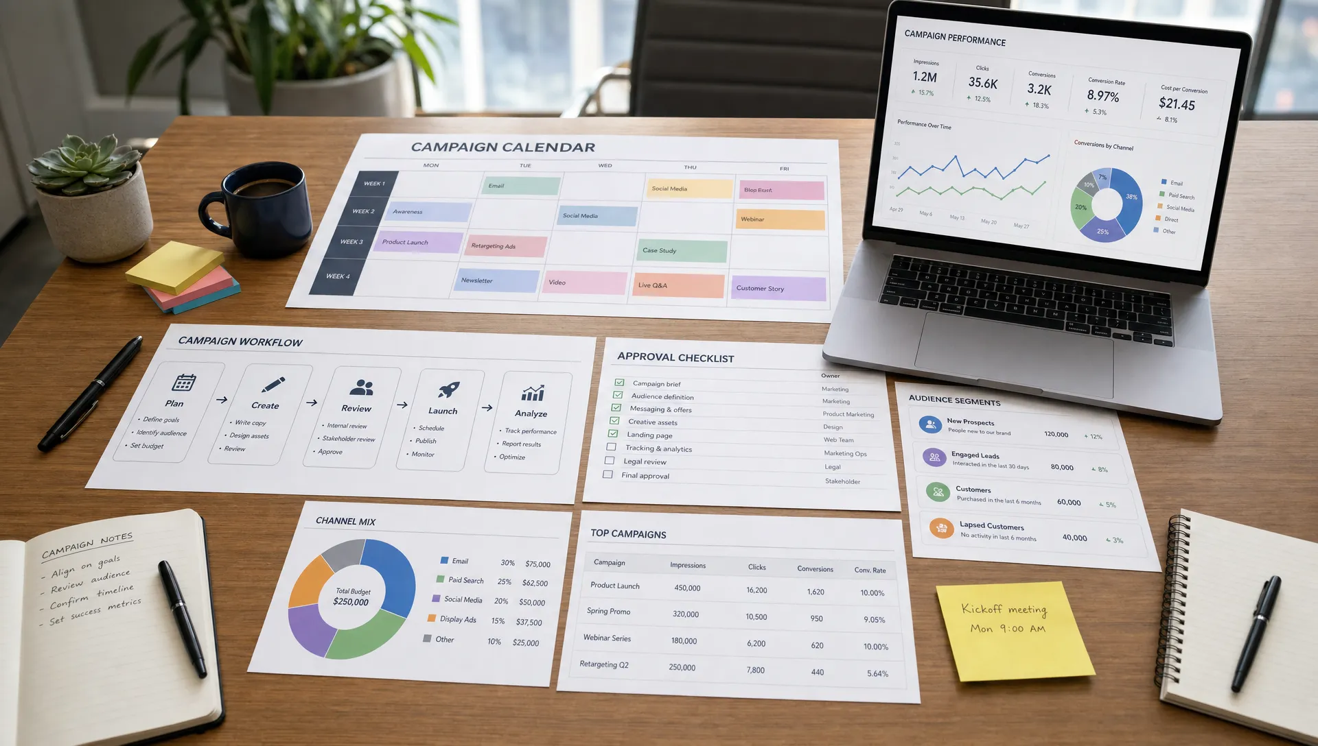 A marketing operations workspace shows a campaign calendar, workflow cards, approval checklist, audience segments, and performance charts on a large table.