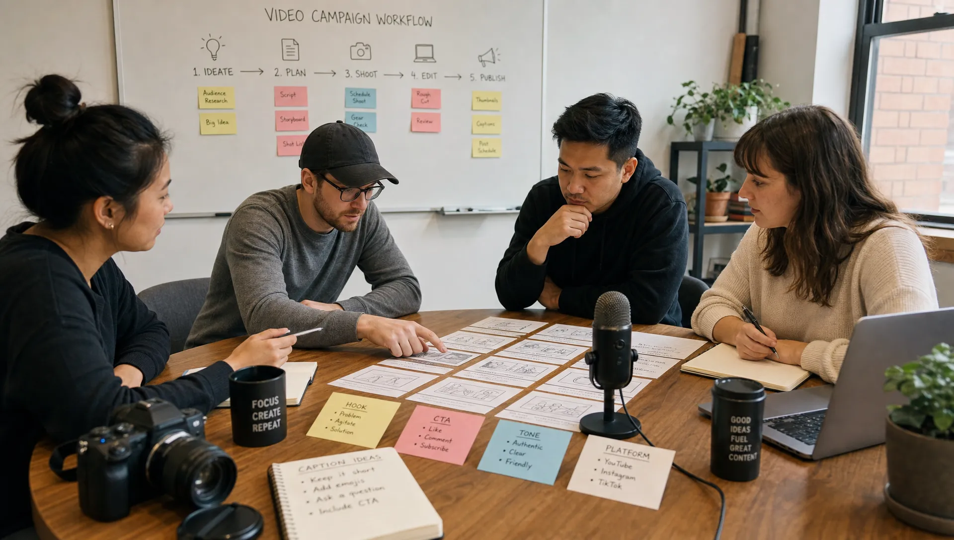 A compact marketing team works around a table with storyboard cards, a microphone, a camera, and caption notes for a video campaign workflow.