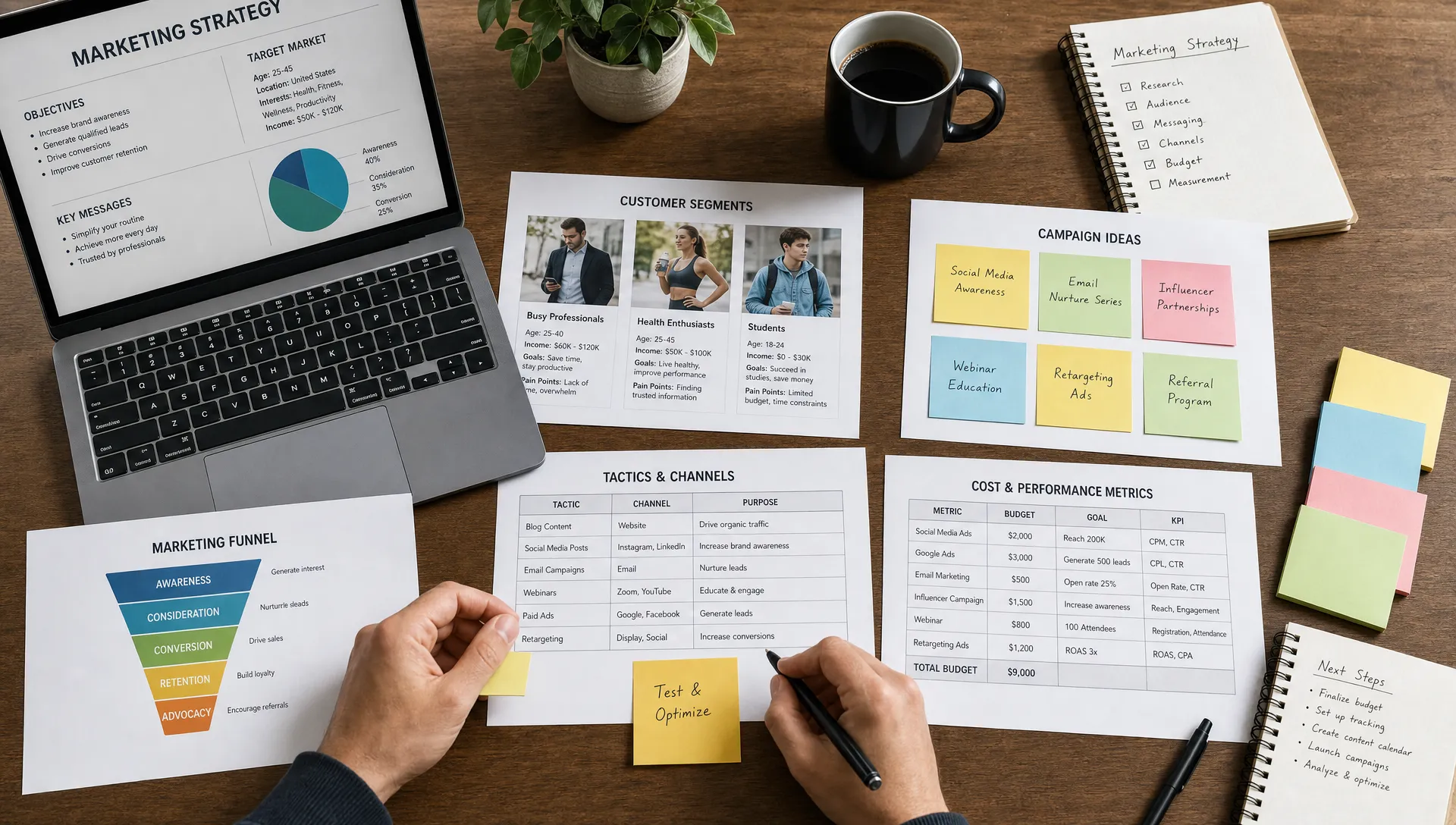 A marketing strategy workspace shows customer segments, campaign ideas, funnel stages, and cost metrics on a table.