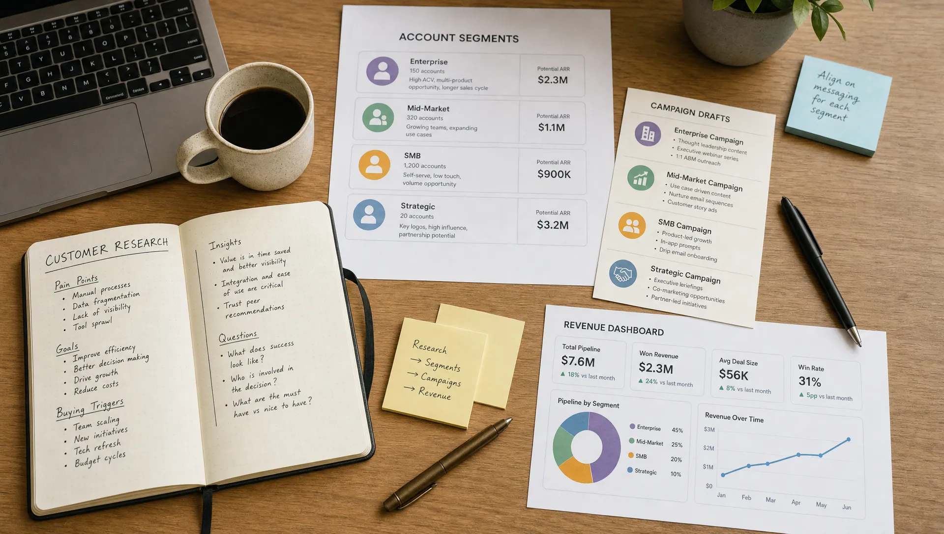 Customer research notes, account segments, campaign drafts and revenue dashboard cards are spread across a desk to show the path from research to revenue.