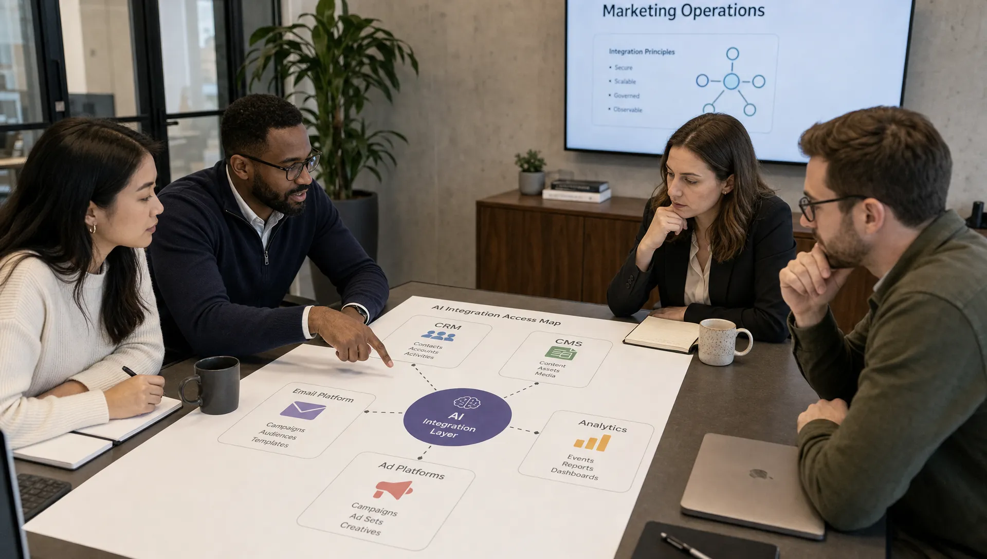A marketing operations team reviews an AI integration access map on a conference table, with CRM, CMS, email, analytics, and ad systems shown as labeled cards.