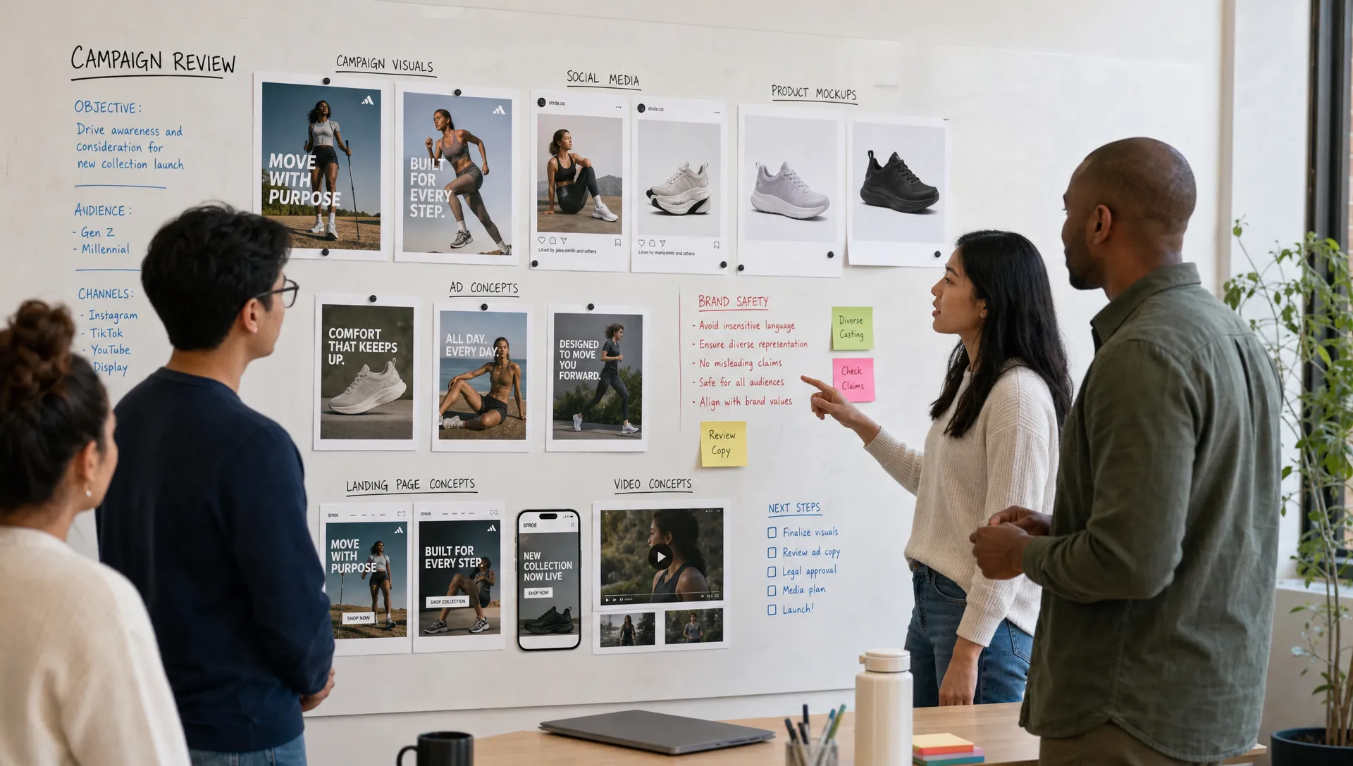A marketing team reviews campaign visuals, product mockups, social media images, and ad concepts on a wall marked with brand safety notes.