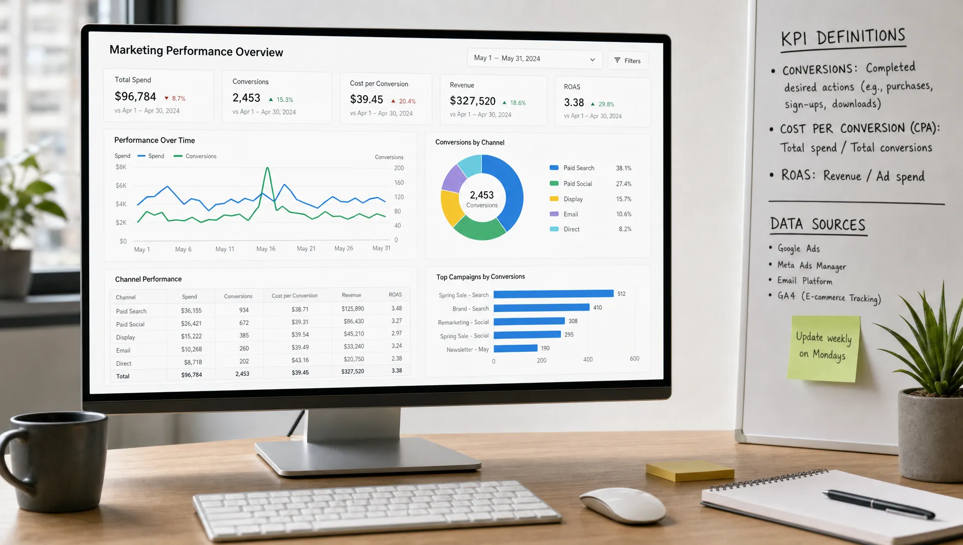 A desktop monitor shows marketing performance charts beside notes for KPI definitions and data sources.