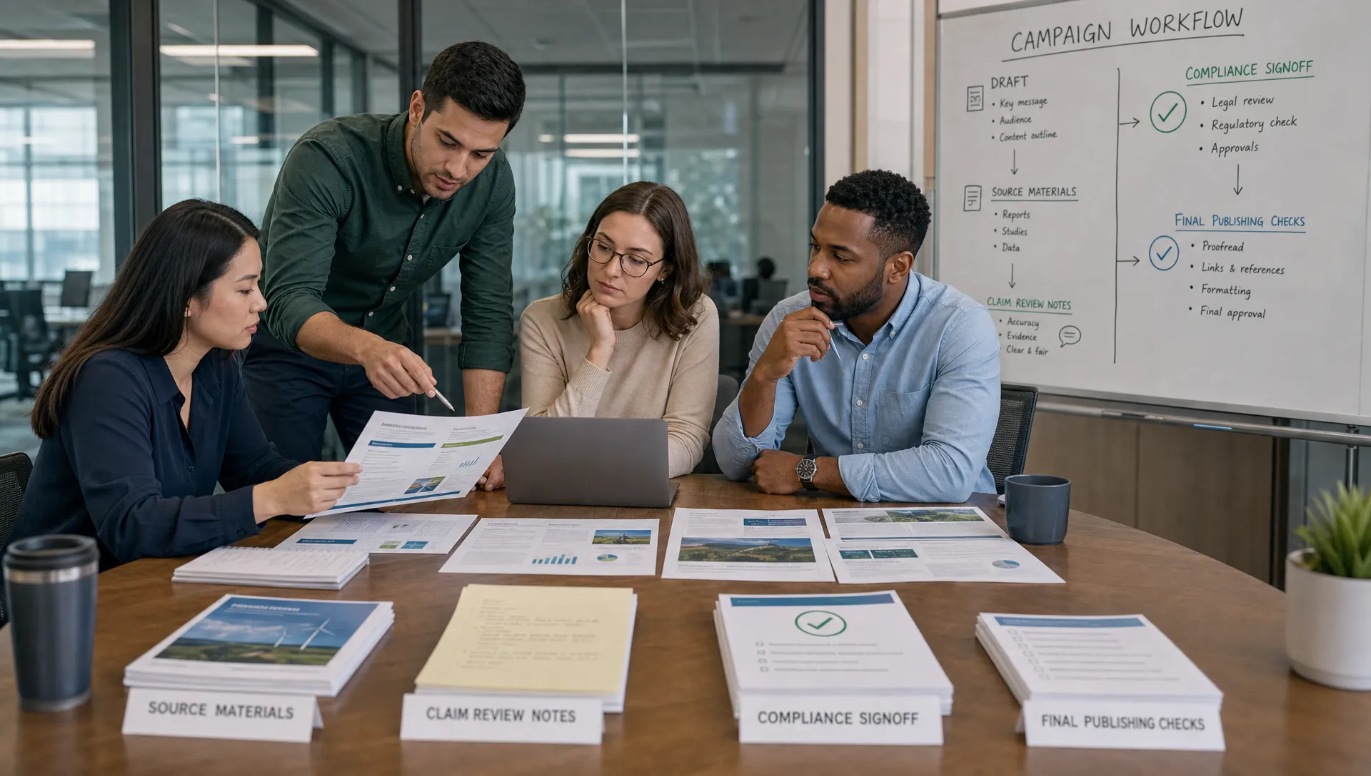 A marketing team compares a draft with source materials, claim review notes, compliance signoff, and final publishing checks.