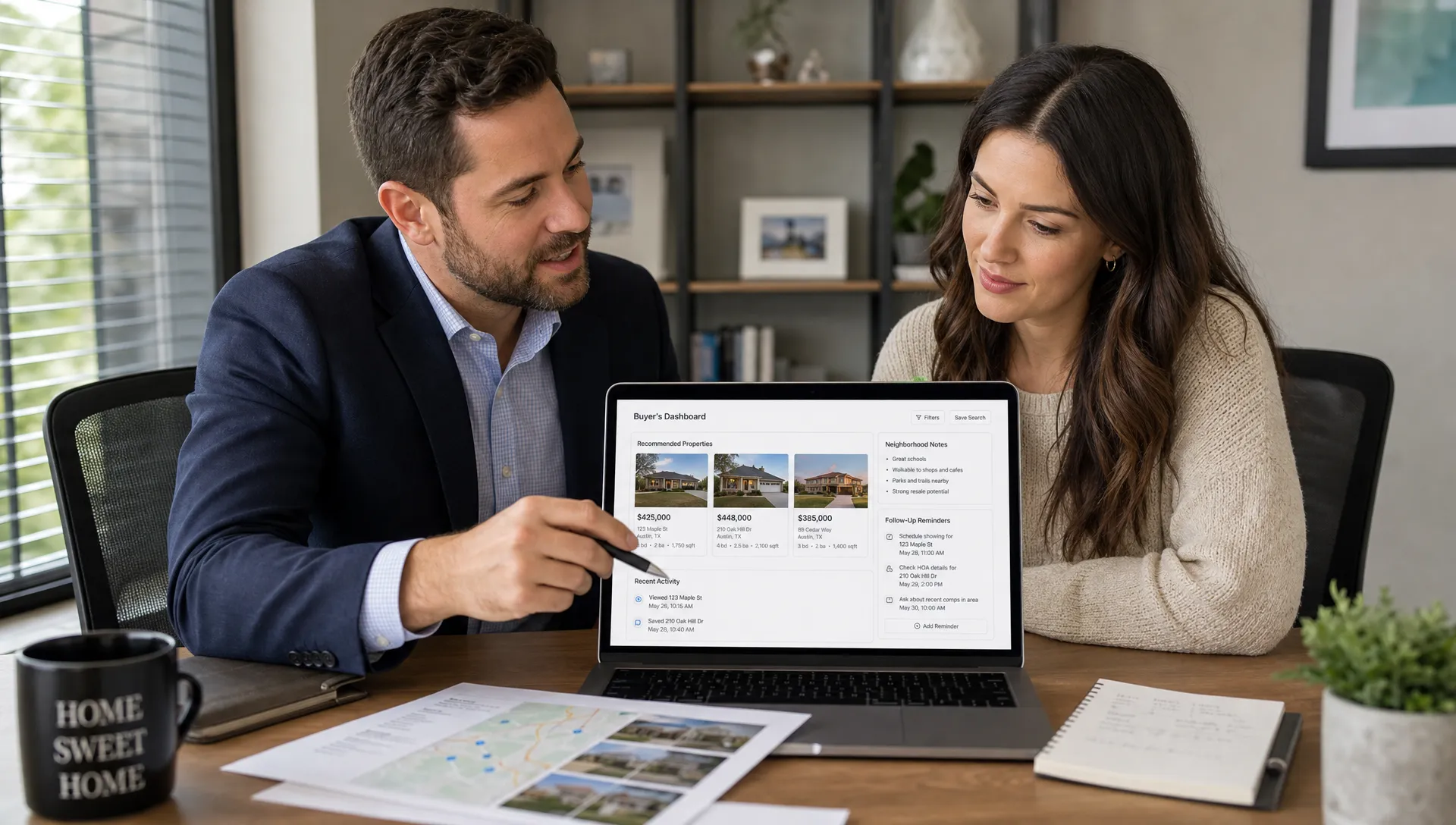 A real estate agent and a homebuyer review property cards, neighborhood notes, and follow-up reminders on a laptop at a desk.