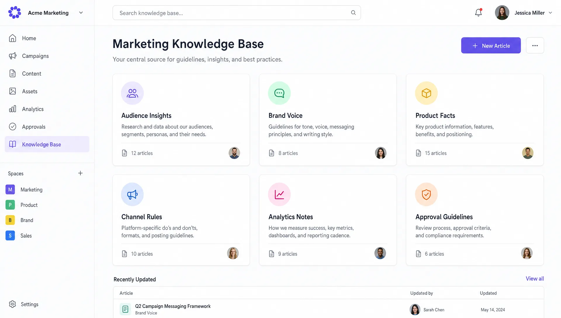 A marketing knowledge base workspace shows organized cards for audience insights, brand voice, product facts, channel rules, analytics notes, and approval guidelines.