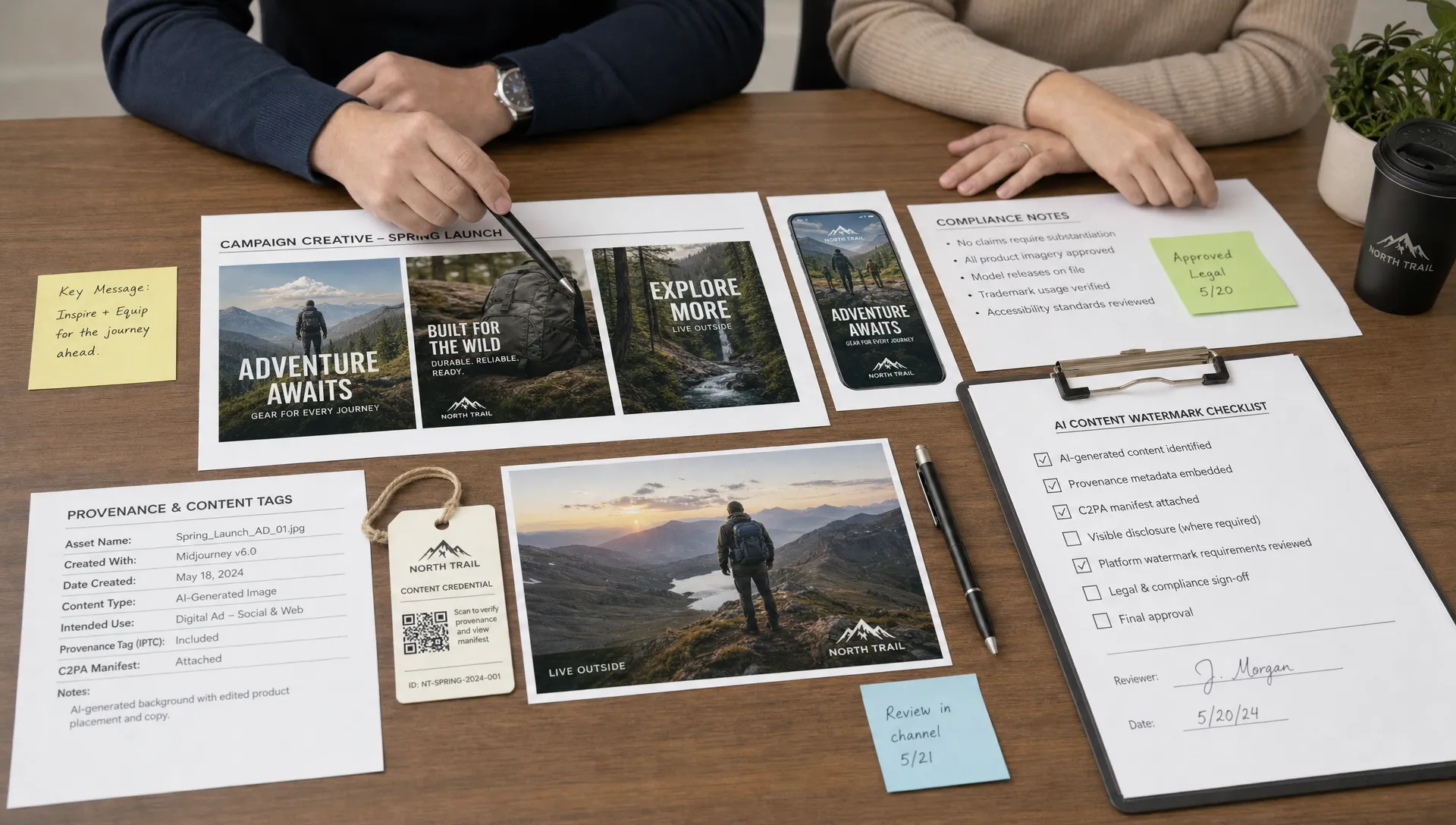 A marketing review table holds printed creative assets, compliance notes, provenance tags, and a checklist for AI content watermarks before publication.