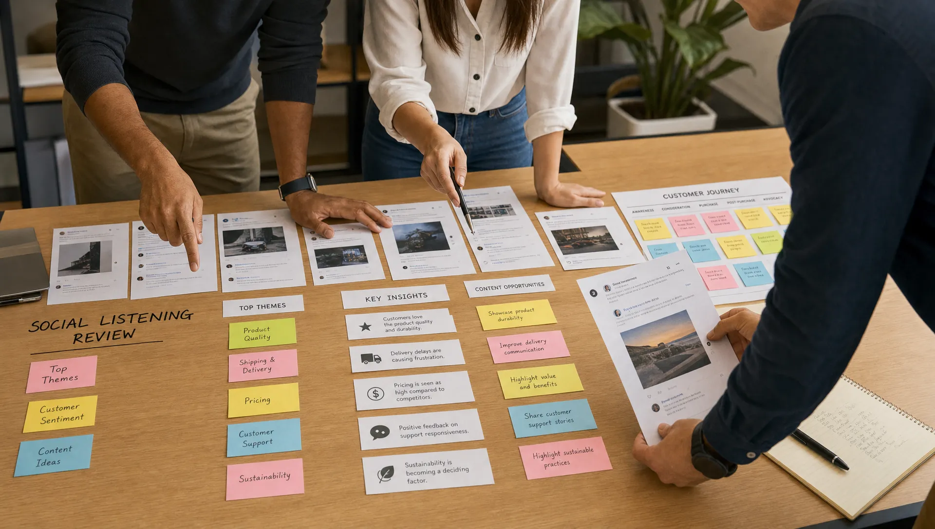 A marketing team organizes printed social media threads, topic tags, and customer journey notes on a table during social listening review.