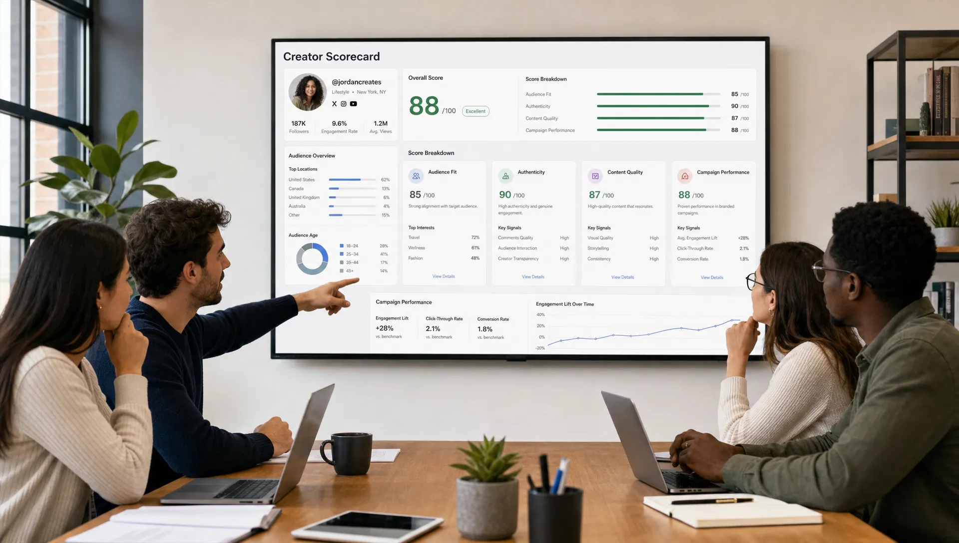 A marketing team reviews a creator scorecard with audience fit, authenticity, content quality, and campaign performance signals on a dashboard.