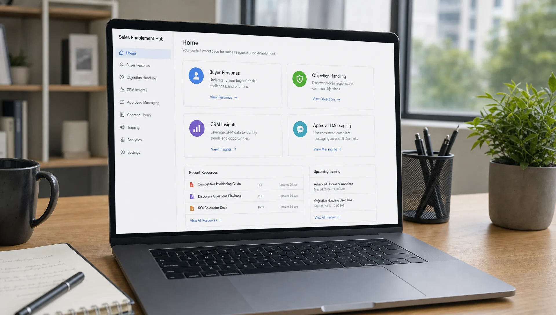 A sales enablement workspace shows modules for buyer personas, objection handling, CRM insights, and approved messaging on a desk.