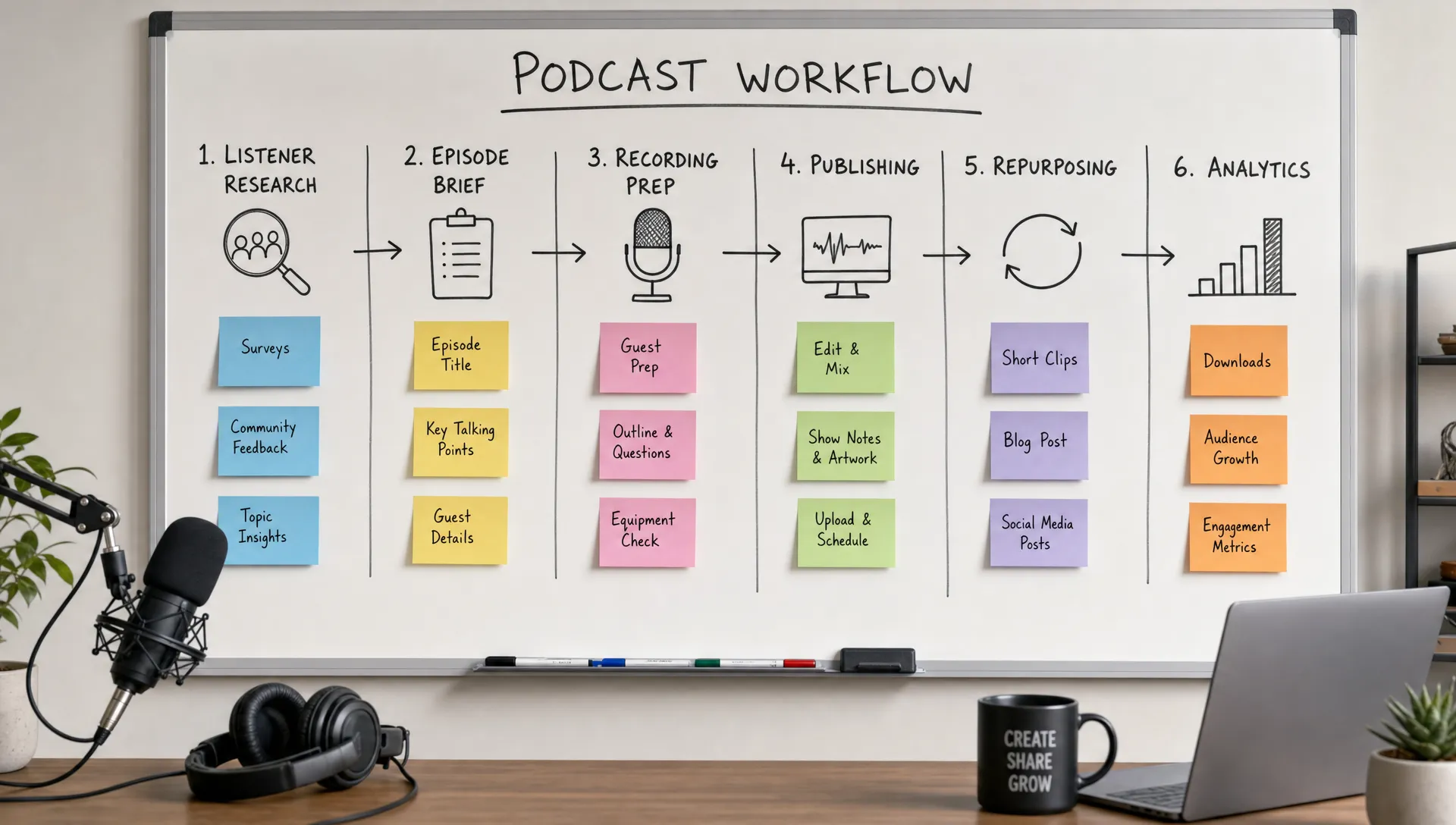 A podcast workflow board shows listener research, episode briefs, recording prep, publishing, repurposing, and analytics in one sequence.