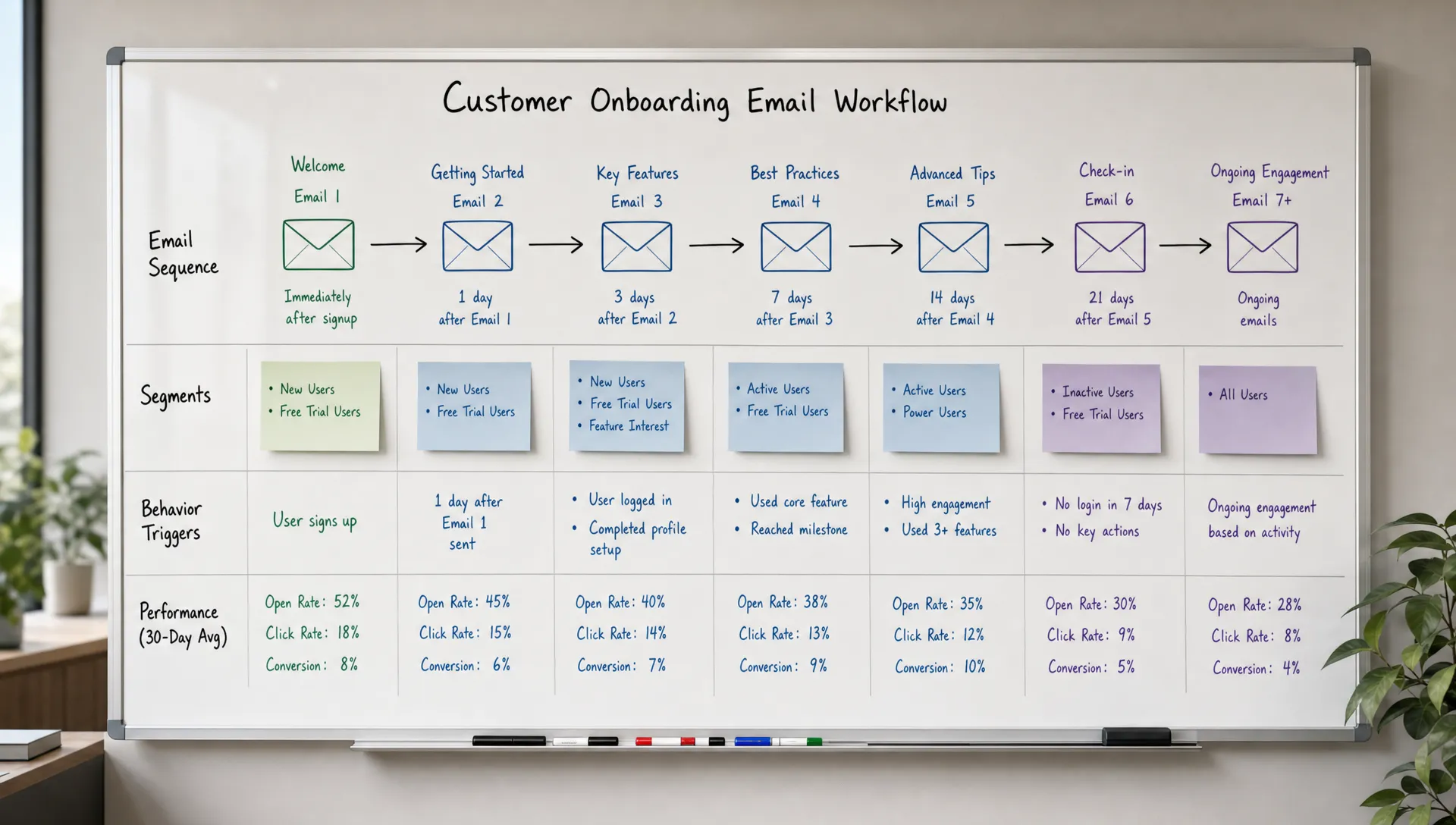 A workflow board maps customer onboarding emails with segments, email steps, behavior triggers, and performance metrics in sequence.
