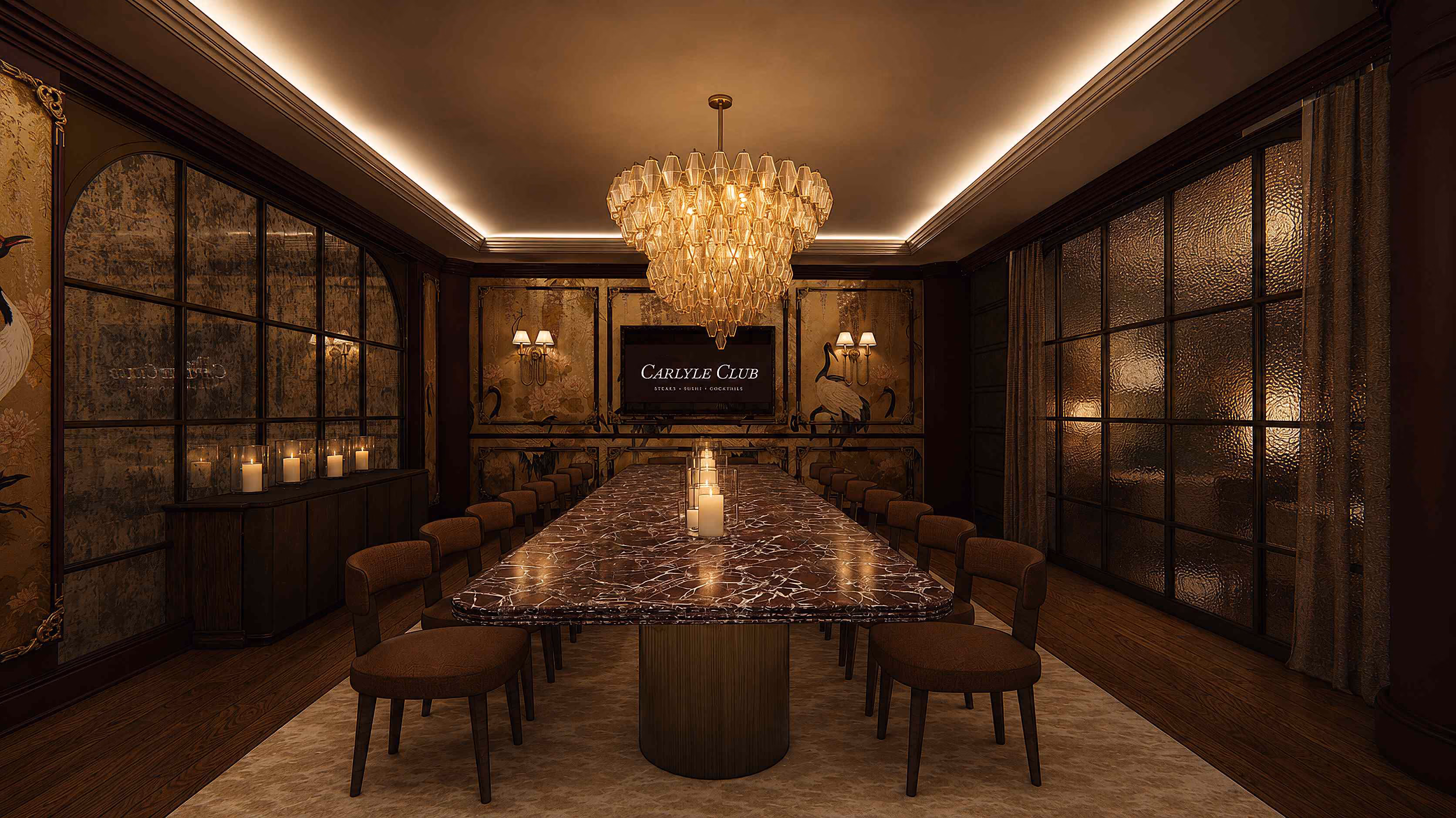 The private dining room: one long marble table under a glass chandelier