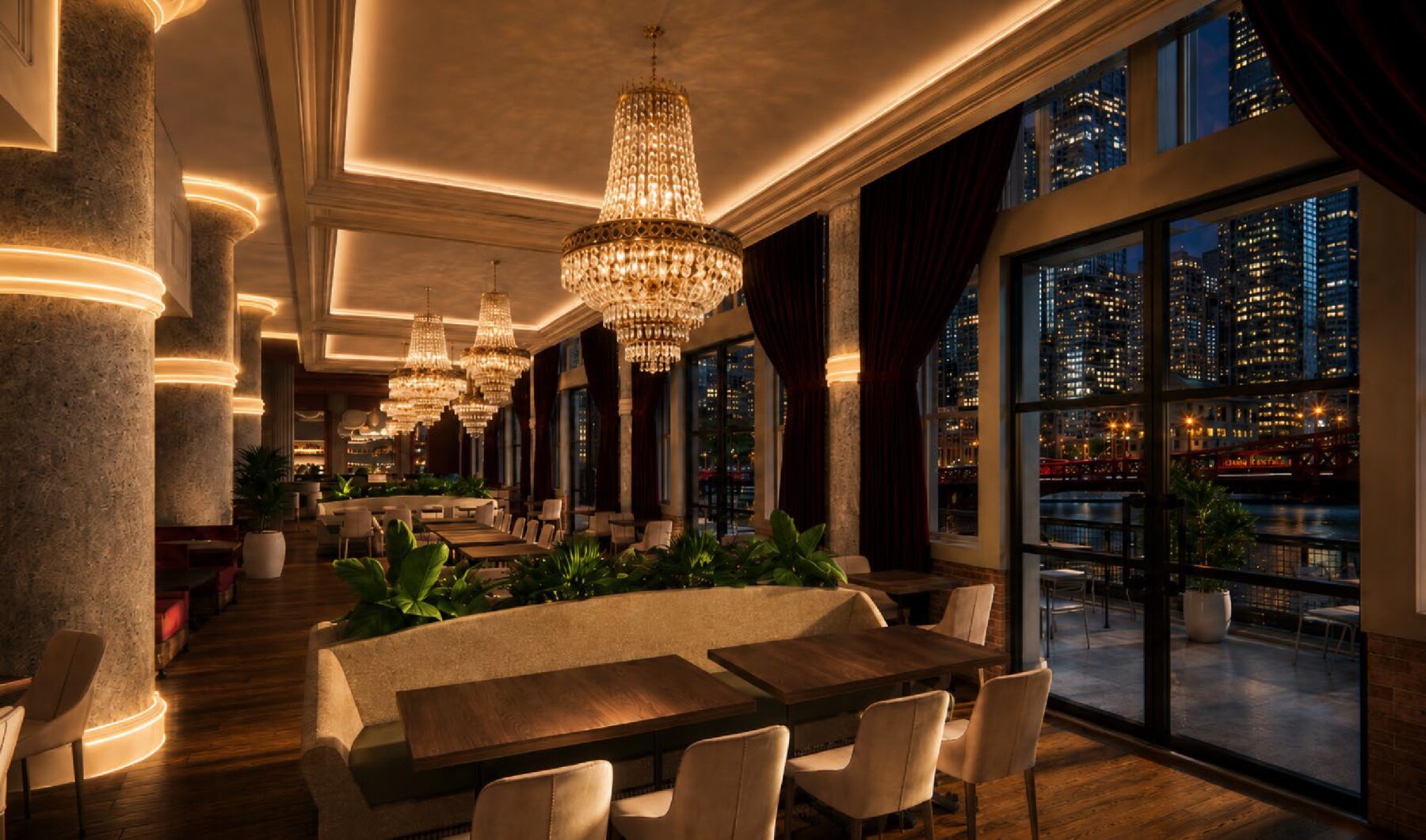 The main dining room at night: chandeliers over banquettes, glass doors open to the river