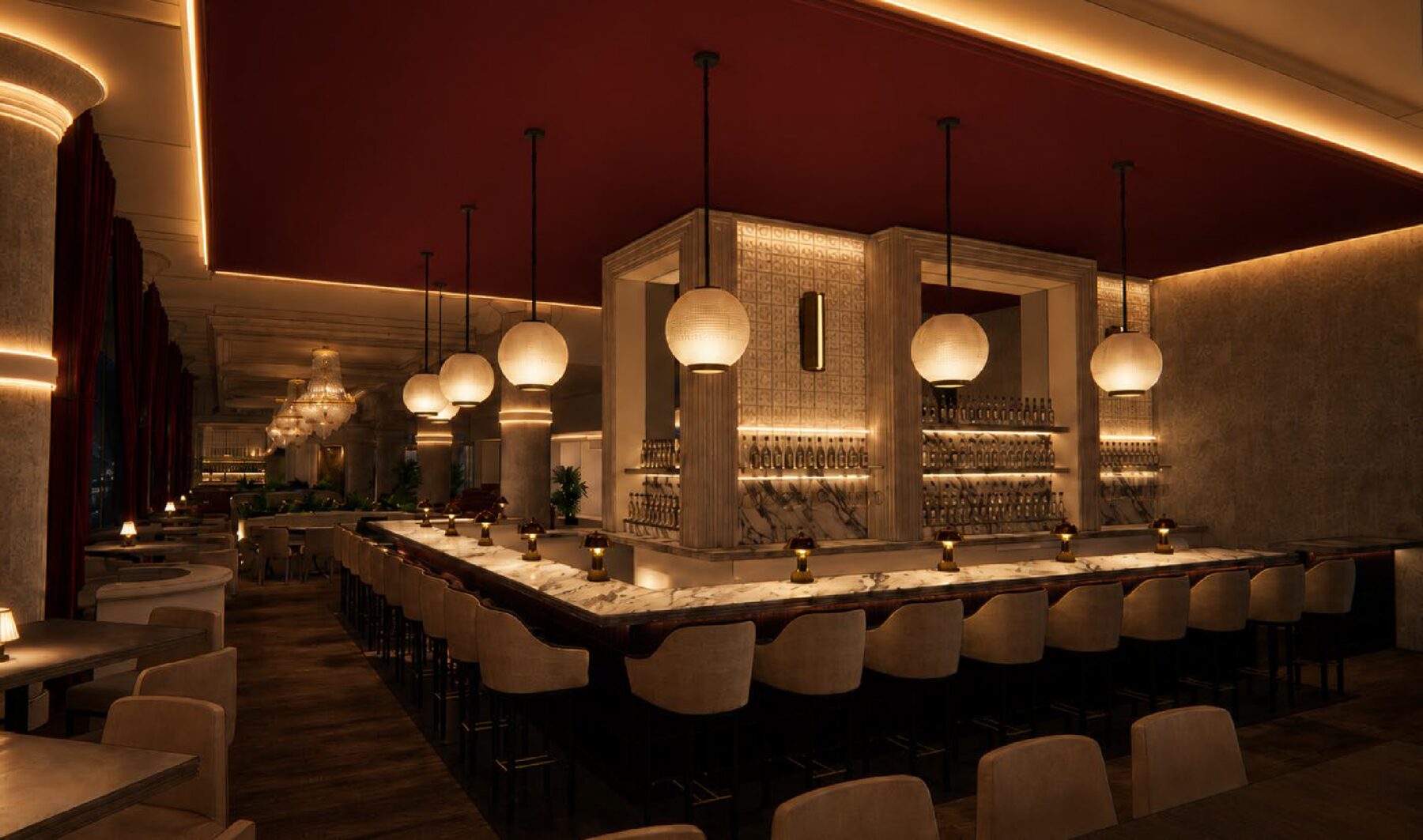 The marble bar at night under globe lights