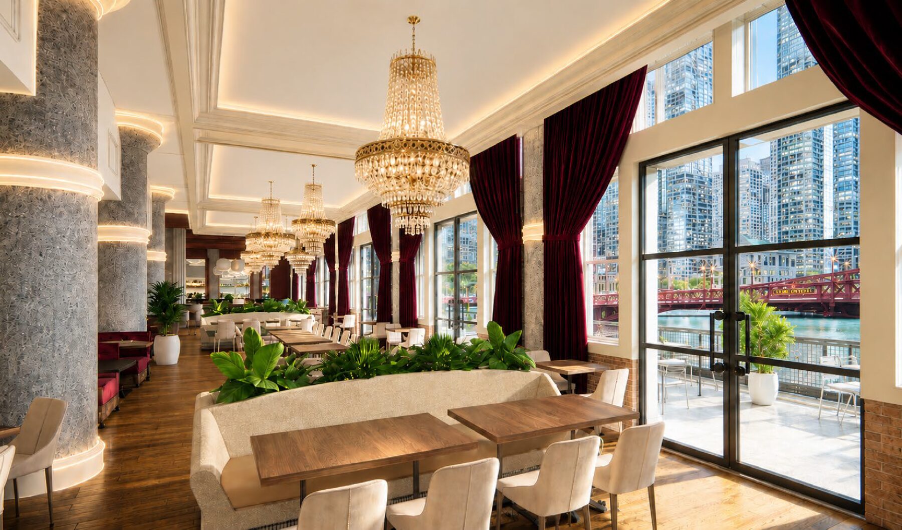The dining room by day with the river through the windows