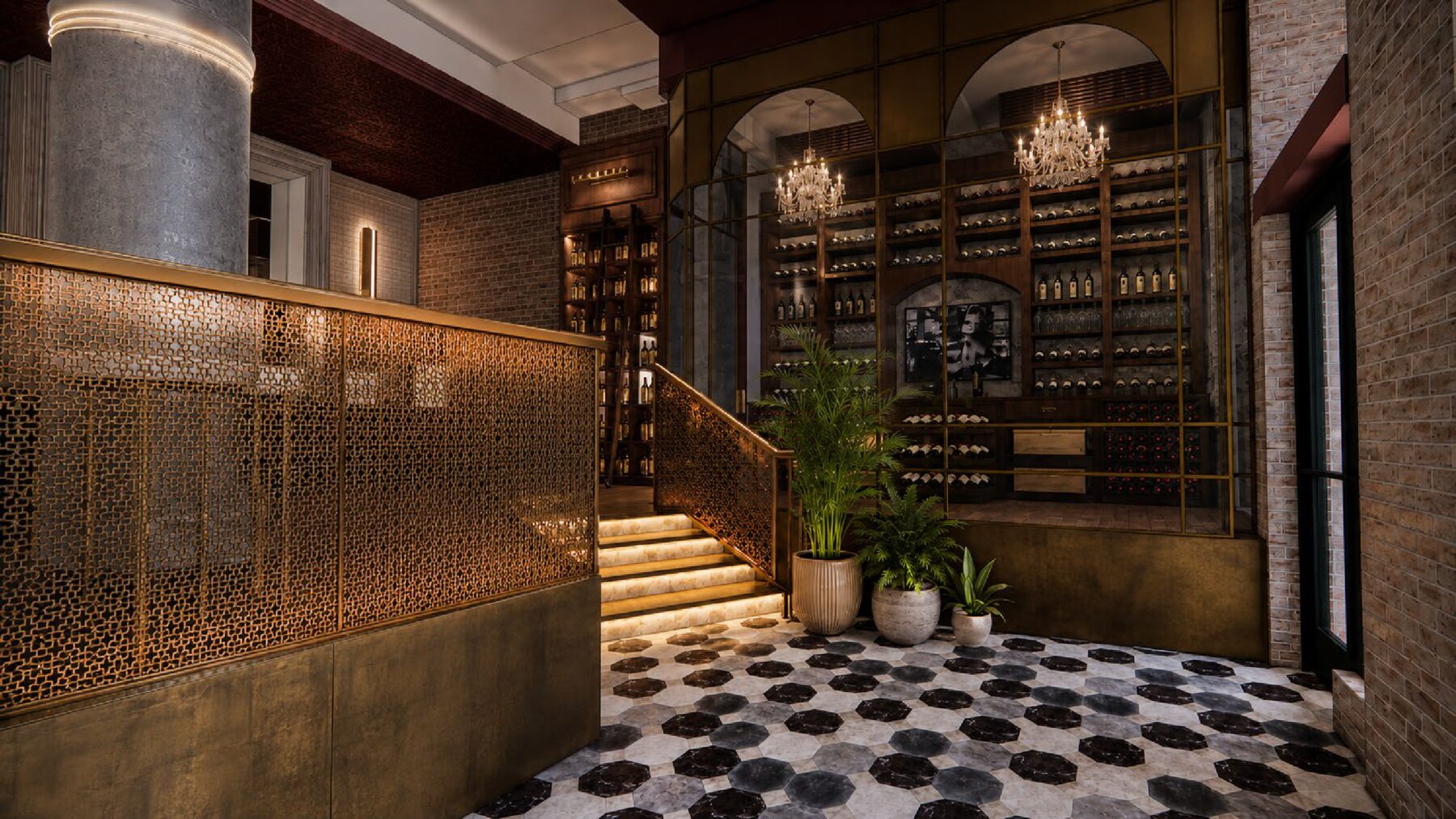 The wine room, bottles behind glass beside a brass stair
