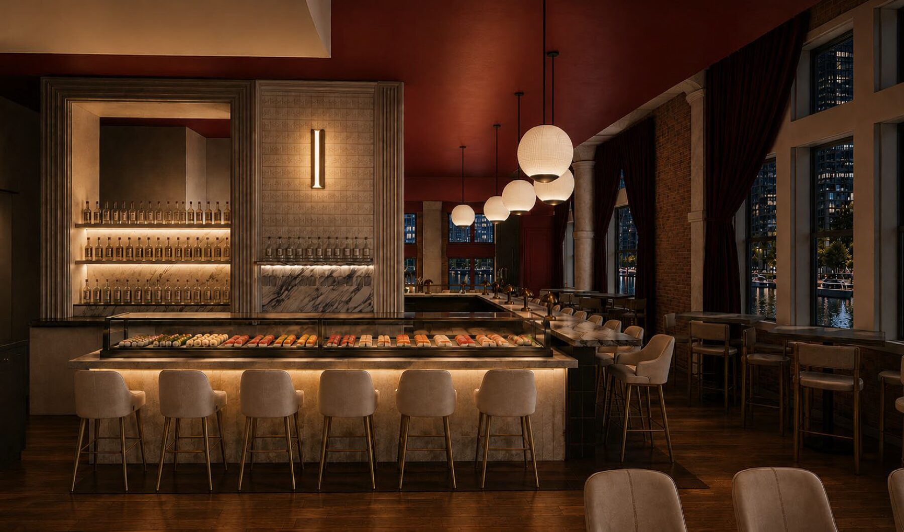 The sushi counter at the end of the bar