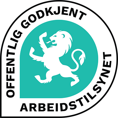 Offentlig godkjent Arbeidstilsynet logo med hvit løve i turkis sirkel og svart tekst.
