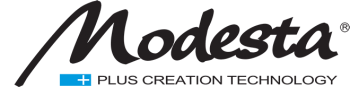 Modesta logo with text 'PLUS CREATION TECHNOLOGY' beneath in black font.