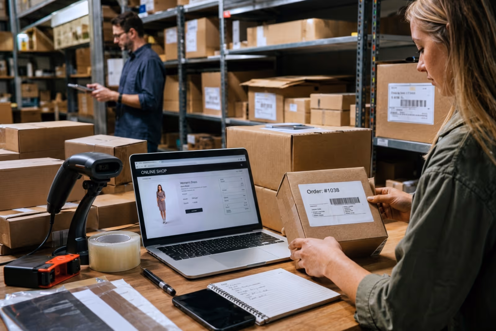 Žena balí zásilku objednávky v skladu plném krabic vedle notebooku s e-commerce stránkou.