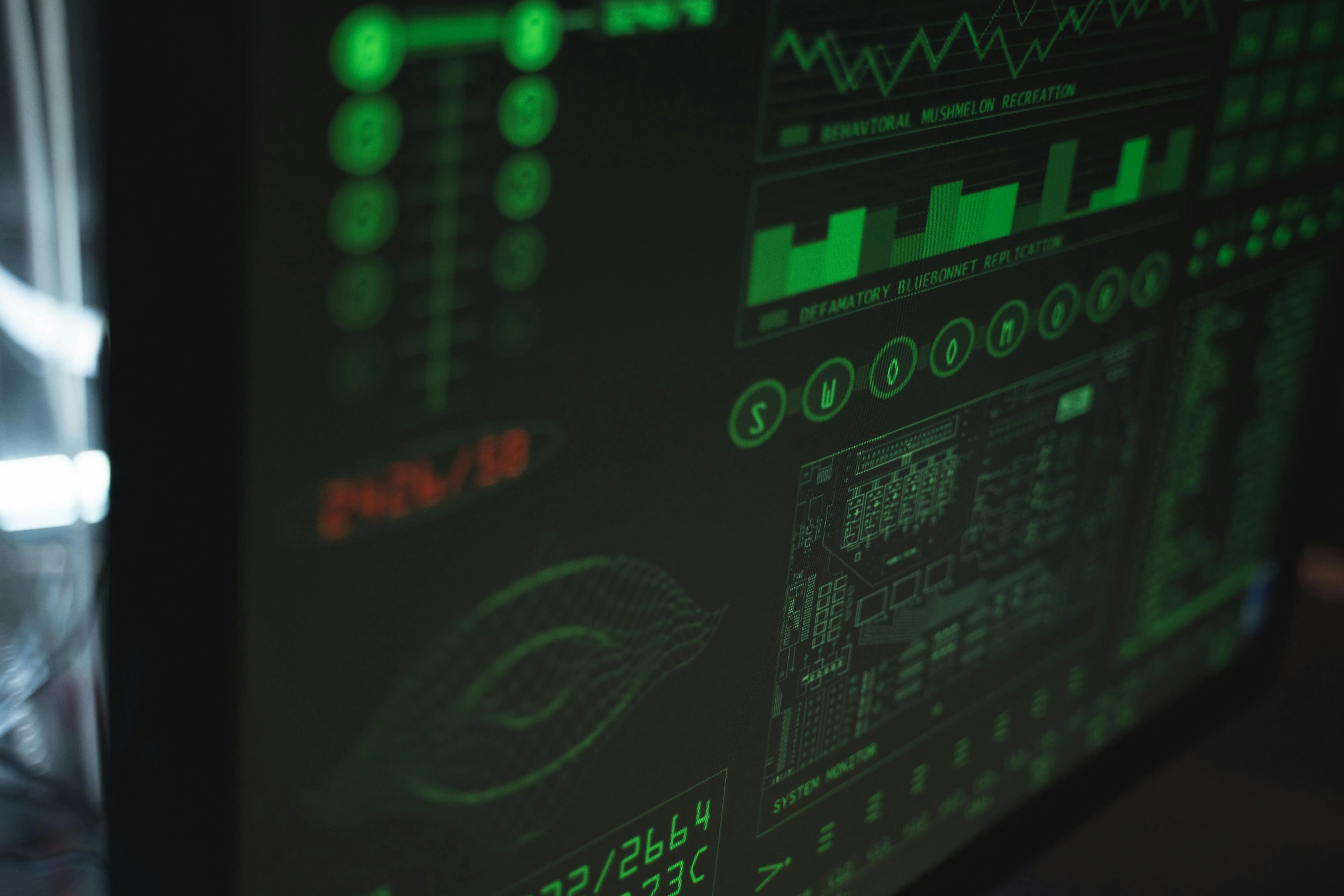 Close-up of a screen displaying green digital interface with graphs, data, and system monitor details.