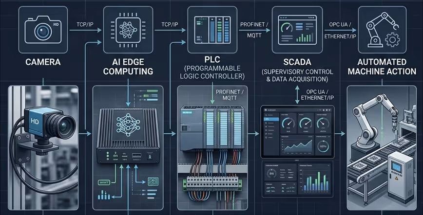 Diagram showing camera input to AI edge computing, PLC, SCADA, and automated machine action in industrial control.