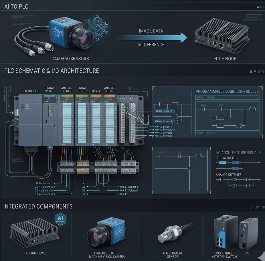 Diagram showing AI to PLC system with camera, edge node, PLC schematic, logic controller, and integrated components.