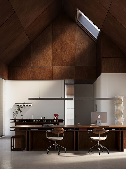 Modern office with wooden vaulted ceiling, large desk, two chairs, computer, and minimal decor.