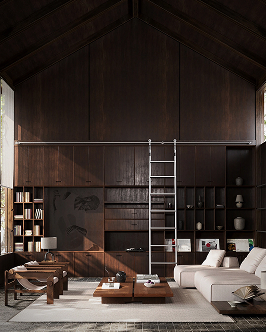 Modern living room with dark wooden walls and shelving, featuring a tall ladder, a white sectional sofa, wooden coffee tables, and a textured rug.