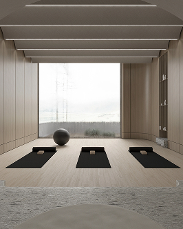 Minimalist yoga studio with three black mats, each with a wooden block, and a large exercise ball near the window, featuring wood-paneled walls and ceiling lights.