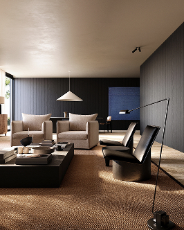 Modern living room with beige armchairs and single-seater chairs around a low black coffee table on a textured brown rug, featuring a dark wooden paneled wall and minimalist pendant and floor lamps.