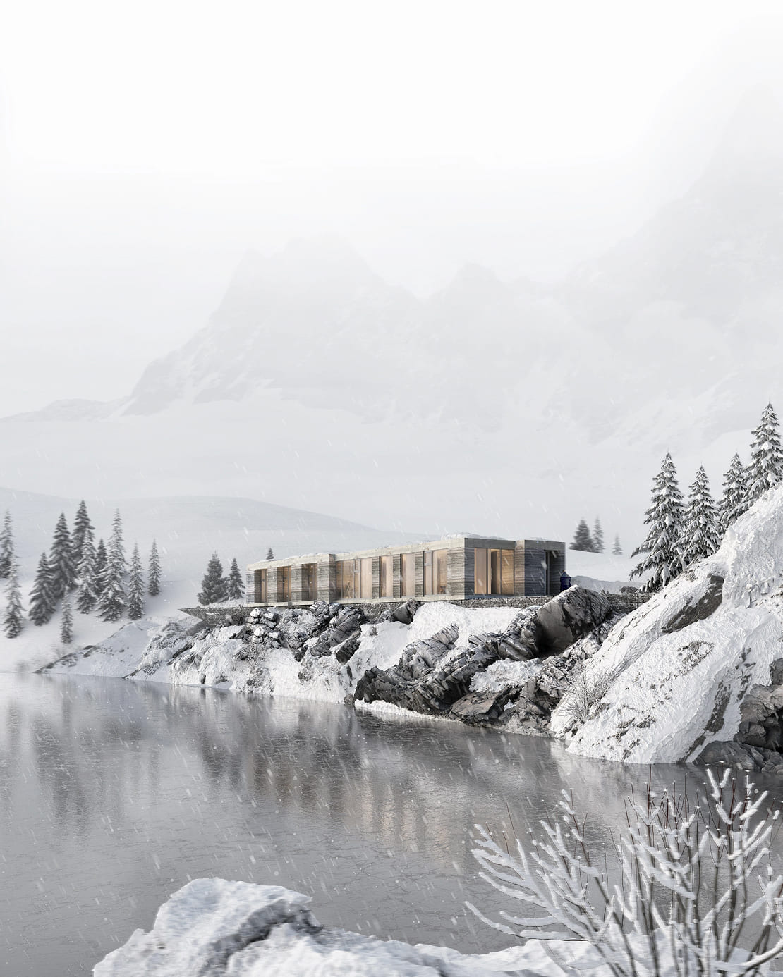 Modern rectangular house with large windows on a rocky, snowy lakeshore surrounded by snow-covered pine trees and mountains, under falling snow.