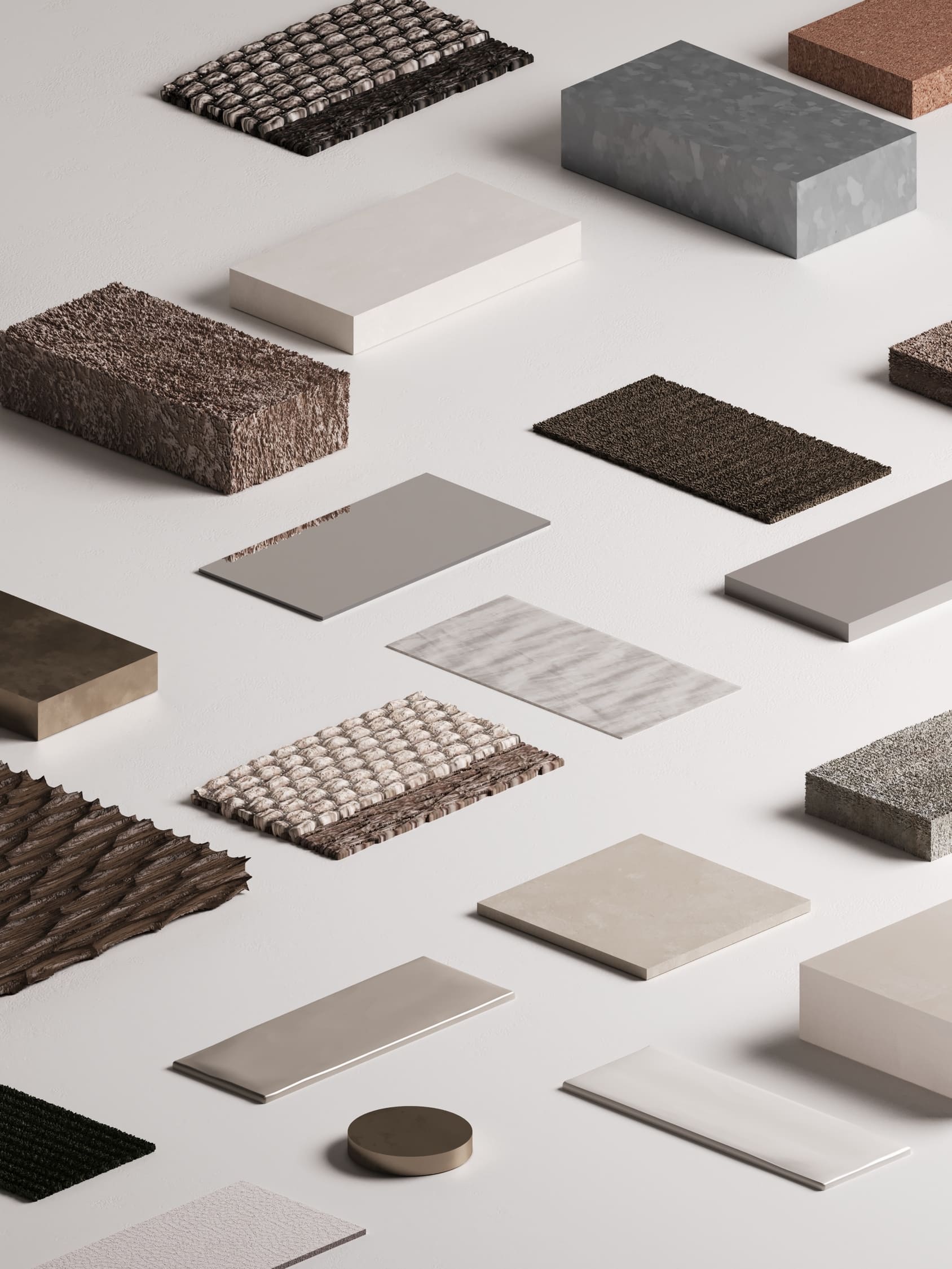 Grid layout of various rectangular and round material samples with different textures and colors including smooth, rough, matte, glossy, stone, fabric, and wood finishes arranged on a light surface.